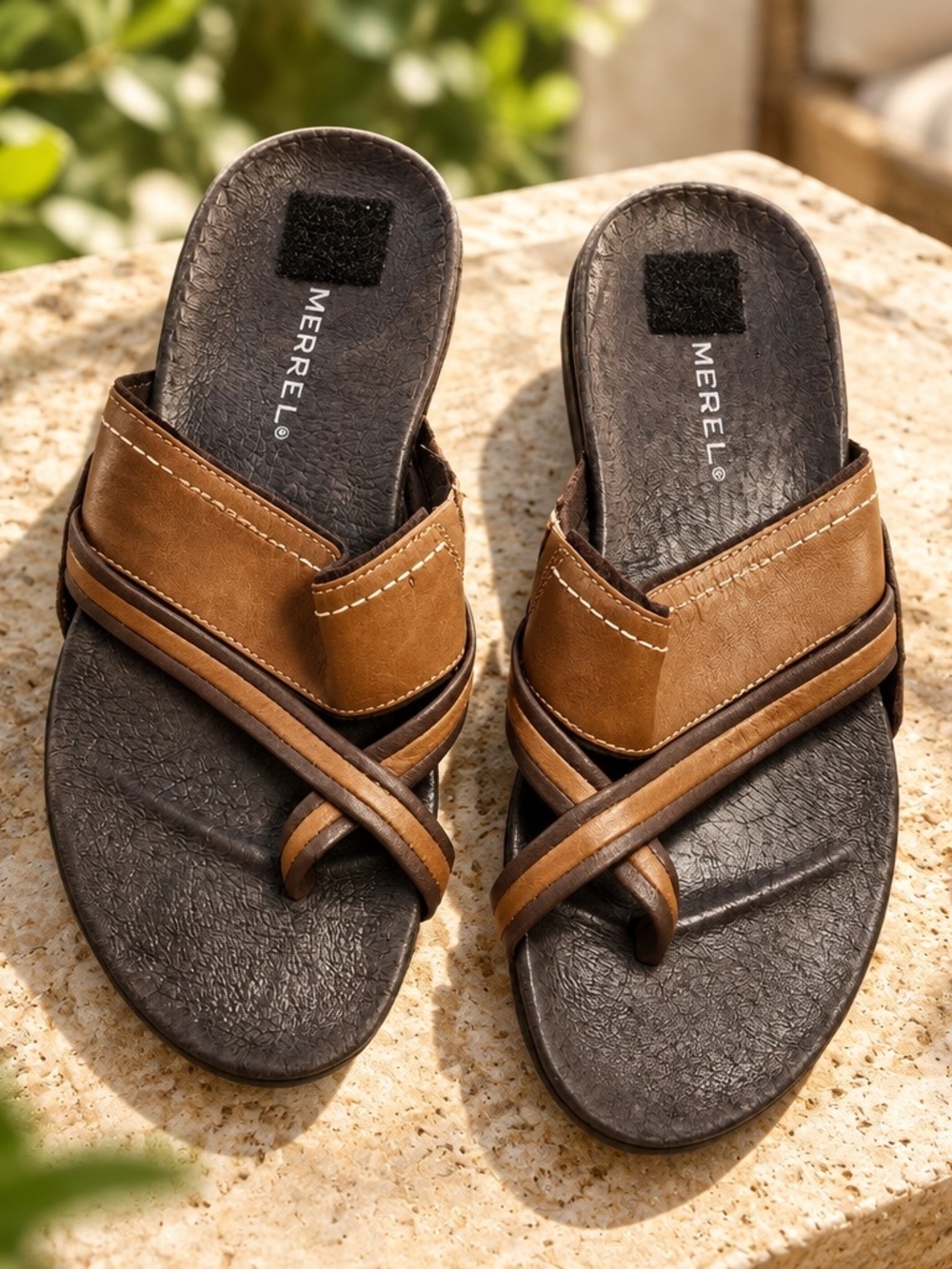 Merrell Men's Tan and Brown Leather Cross-Strap Slide Sandals